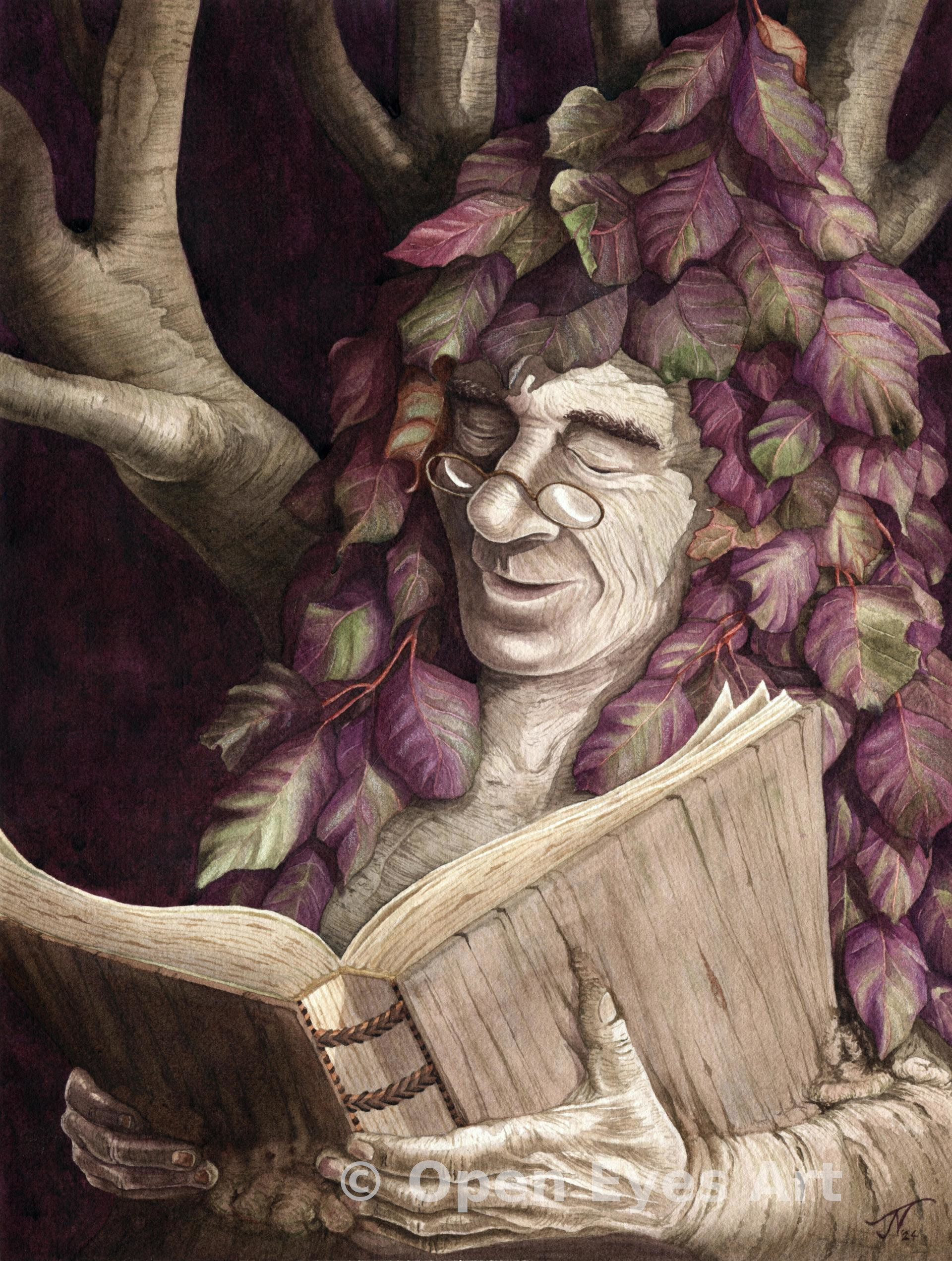 painting of a beech dryad reading a book