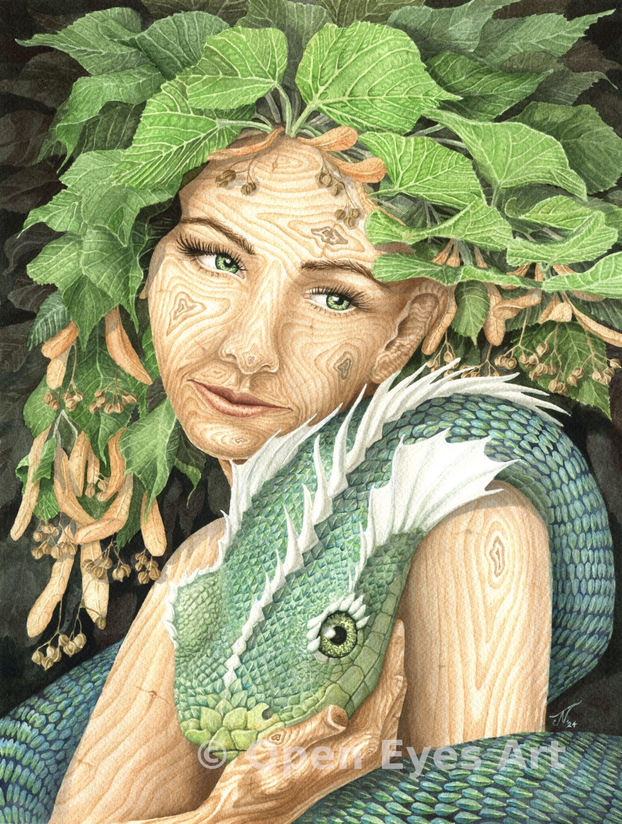 painting of a linden dryad with a lindworm over their shoulder